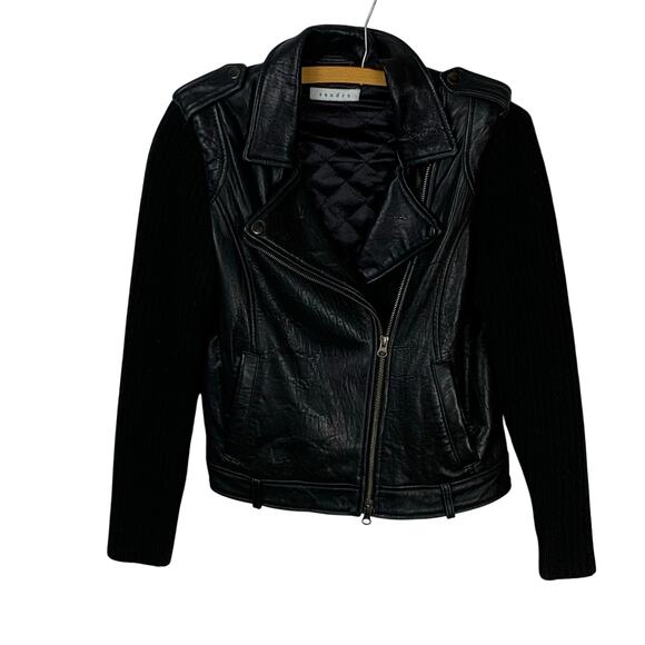 Sandro Black Lambskin Leather Cropped Moto Jacket w Rib Knit Sleeves- Size S/M - Picture 1 of 5